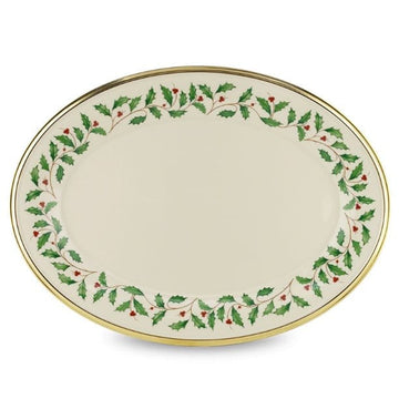 LENOX CRYSTAL Accessories Lenox Holiday 16" Oval Ivory Bone Serving Platter with Gold Rim